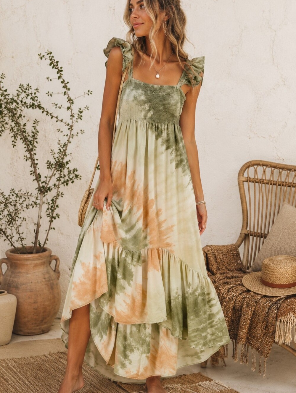 Rebellion Tie-Dye Smocked Maxi Dress XS Sage Green Boho Ruffle Rayon